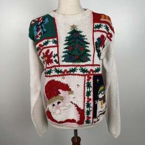 Vintage Chrisantheme Hand Knit Christmas Sweater Santa Snowman Tree Size M